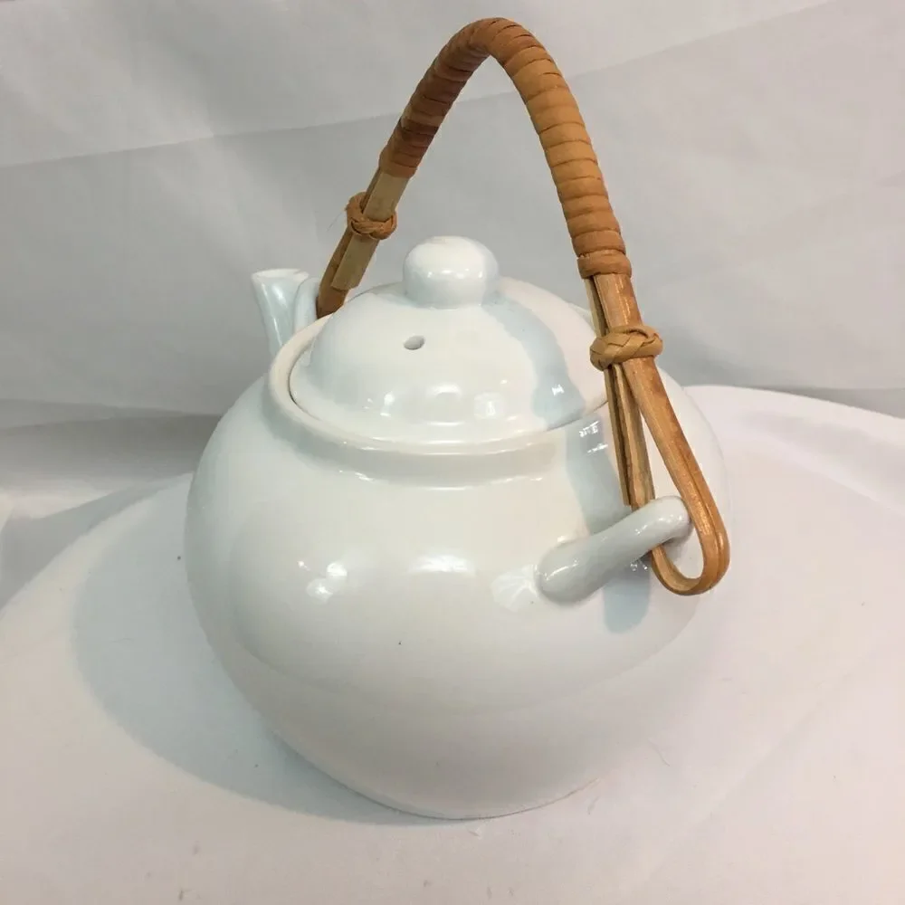 Pier 1 Sakai Bamboo Handle White Porcelain Teapot